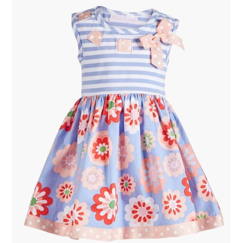 Bonnie Baby Baby Girls Size 3-6 months Periwinkle Striped Dress Floral Matching